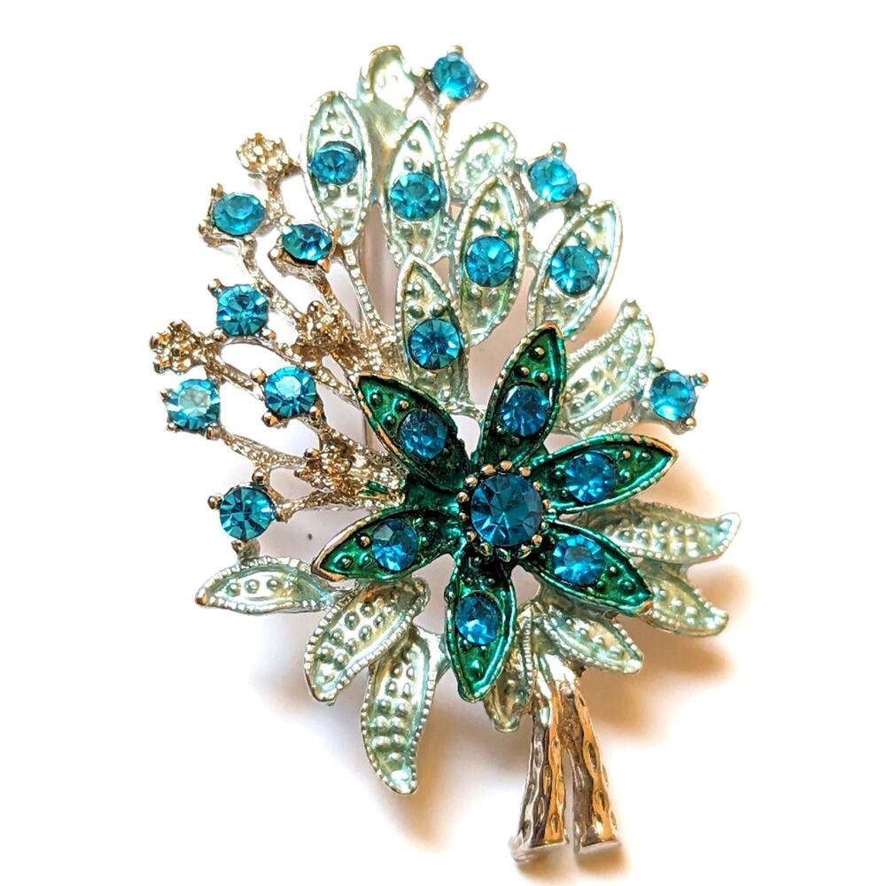 Vintage Stunning Silver Tone Teal Rhinestone Floral Bouquet Spree Brooch